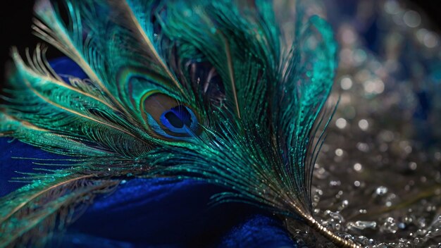 Vibrant peacock feather with dew drops