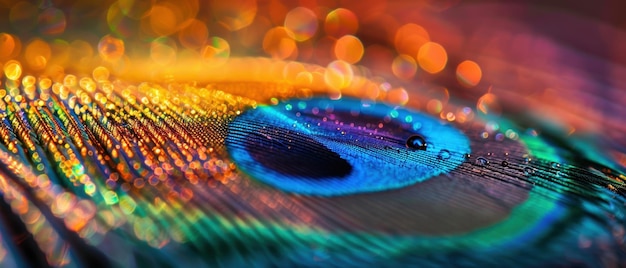 Photo vibrant peacock feather with water droplets and bokeh