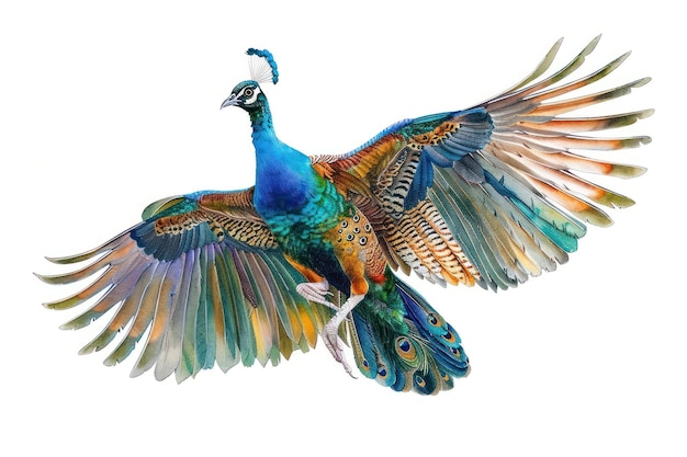 Vibrant peacock in flight