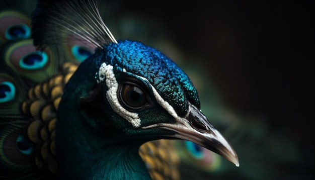 Vibrant peacock portrait showcases nature elegance and beauty generated by artificial intelligence