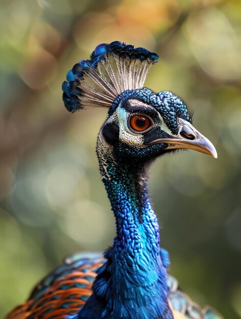 Vibrant Peacock Portrait with Iridescent Feathers and Soft Bokeh Background