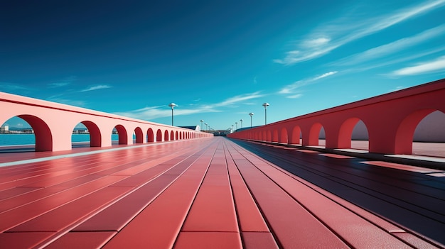 Vibrant Perspective View of a Coral Red Bridge against a Clear Blue Sky Modern Architecture Concept