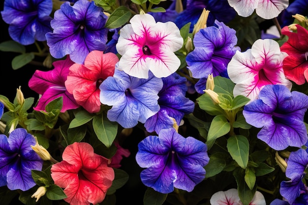 Photo vibrant petunias in full bloom showcasing a rainbow of colors in a sunny garden during spring