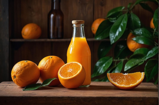 vibrant photo of Bottle of OJ with Fresh Oranges