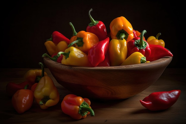 Vibrant photo of a bowl of mixed chili peppers beautifully displayed on a wooden kitchen table