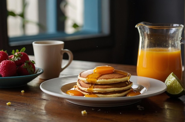 vibrant photo of Breakfast Scene Pancakes OJ