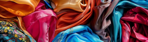 Photo a vibrant photo of a collection of colorful silk scarves arranged artistically