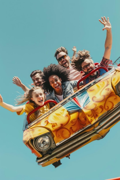 A vibrant photo of a family enjoying roller coasters and carnival rides at an amusement park