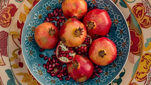 A vibrant photo of fresh pomegranates and their seeds in a bowl