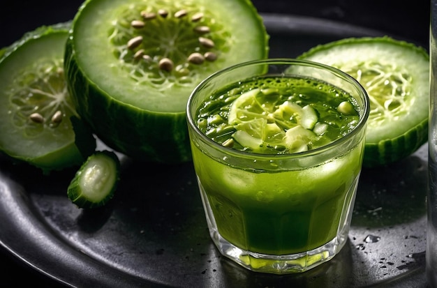 vibrant photo of A glass of green juice placed on a