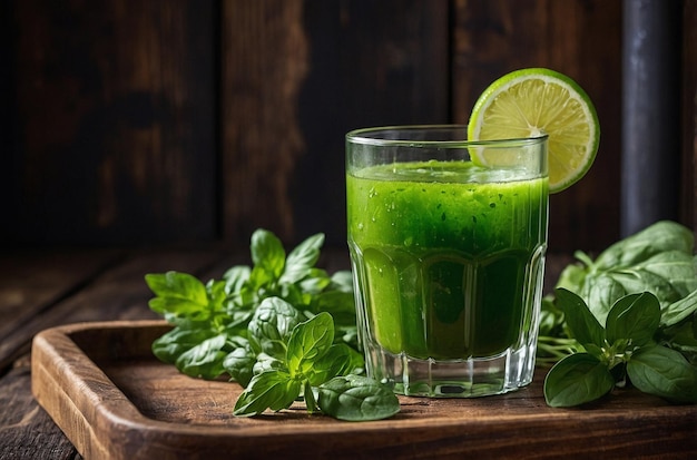 vibrant photo of A glass of green juice placed on a