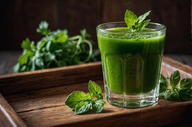 vibrant photo of A glass of green juice placed on a