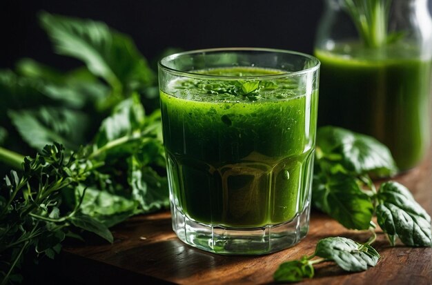 vibrant photo of A glass of green juice surrounded