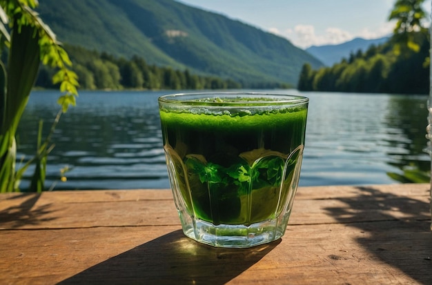 vibrant photo of A glass of green juice with a back