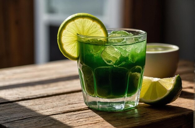 vibrant photo of A glass of green juice on a wooden t