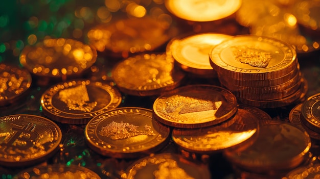 A vibrant photo of gold coins and bars on a reflective surface