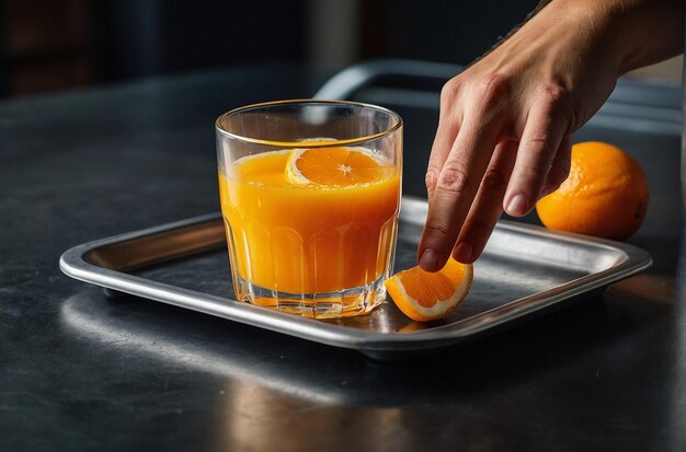 vibrant photo of Hand Reaching for OJ on Tray