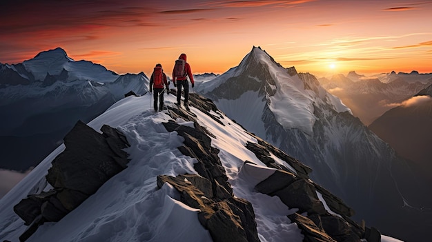 Vibrant photo of mountaineers conquering rugged peak with colorful gear at sunset