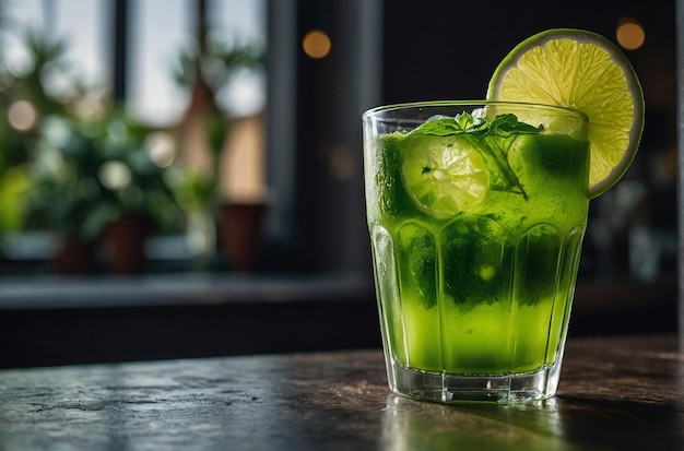 vibrant photo of A refreshing green juice served i