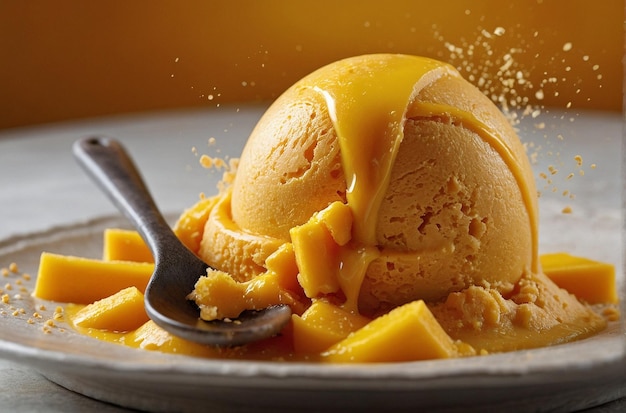 vibrant photo of A scoop of mango sorbet in a dishcru