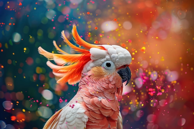 An vibrant photograph of a Cockatoo splashed in bright paint contemporary colors and mood background