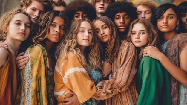 A vibrant photograph of a group of diverse young people embracing each other symbolizing unity and