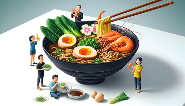 A vibrant photorealistic ramen bowl with eggs shrimp and bok choy flanked by cartoonish figures