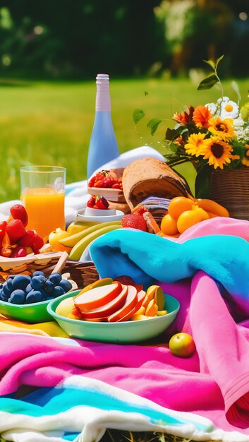 Photo vibrant picnic scene with cozycloud towels colorful foods and stylish blanket