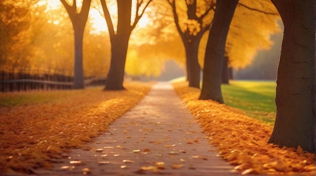 A vibrant and picturesque scene of a treelined path with colorful autumn leaves