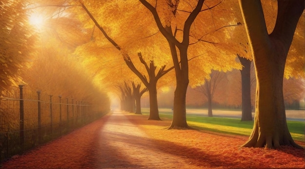 A vibrant and picturesque scene of a treelined path with colorful autumn leaves