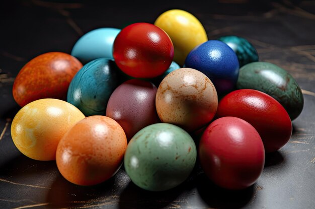 Vibrant pile of Easter eggs on a wooden table