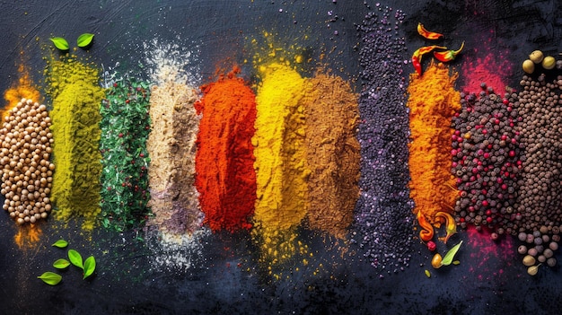 Photo vibrant piles of different spices and herbs are artistically arranged on a dark countertop showcasing a spectrum of colors and textures