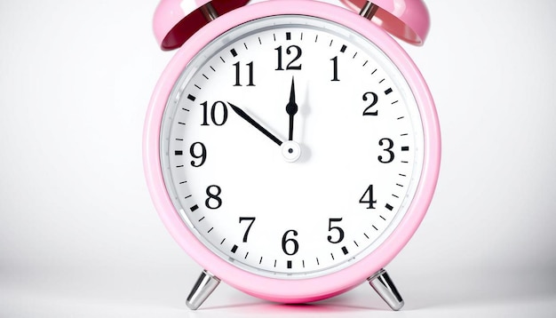 A vibrant pink alarm clock displaying ten past ten on a clean white background