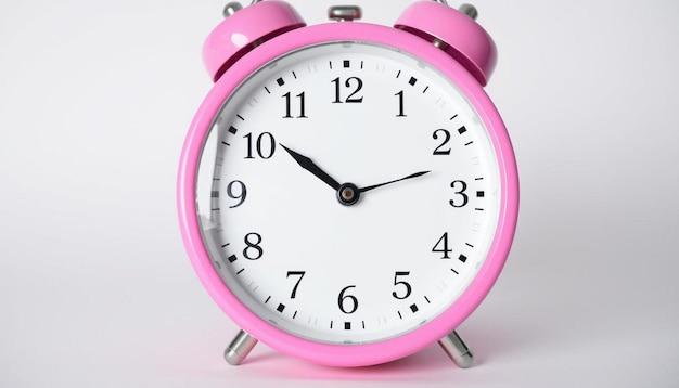 A vibrant pink alarm clock displaying ten past ten on a clean white background