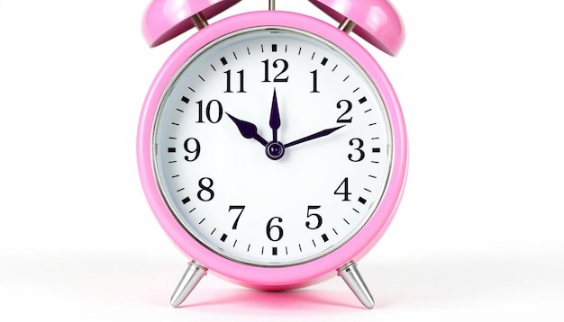 A vibrant pink alarm clock displaying ten past ten on a clean white background