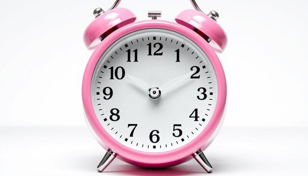 A vibrant pink alarm clock displaying ten past ten on a clean white background