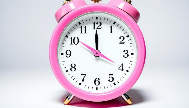 A vibrant pink alarm clock displaying ten past ten on a clean white background