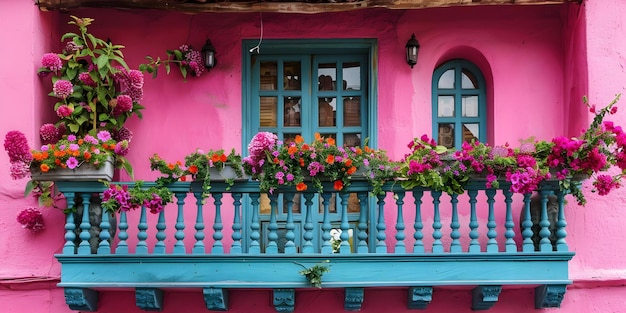 Vibrant Pink Architecture with Colorful Window Blooms in Colombia A Closeup View Concept Travel Photography Architectural Details Colorful Windows Colombian Landmarks Closeup Shots