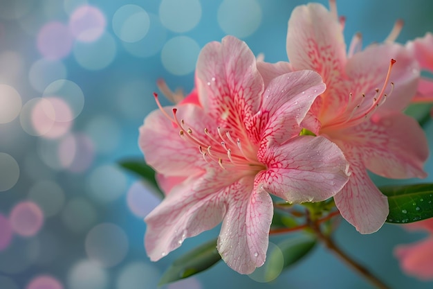 Vibrant Pink Azalea Flowers Blooming with Lush Green Foliage On Bokeh Light Blue Background for