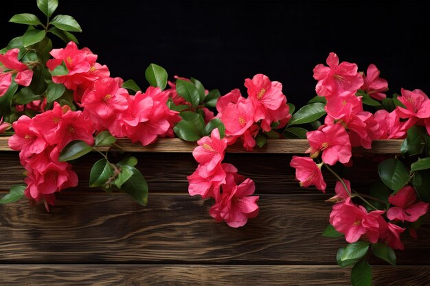 Vibrant pink azaleas cascade gracefully over rustic wooden planks in a charming display of natural beauty and elegance during spring