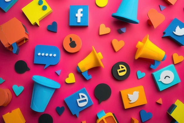 Photo a vibrant pink background adorned with colorful 3d social media icons showcasing various marketing tools and symbols generative ai