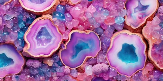 Photo vibrant pink and blue agate slices with colorful gemstones