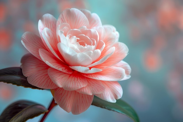 Vibrant Pink Camellia Bloom CloseUp with Soft Blue Bokeh Background Elegant Floral Wallpaper