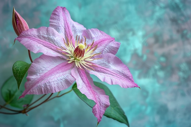 Vibrant Pink Clematis Flower in Full Bloom with Soft Blue Textured Background for Spring Themes and