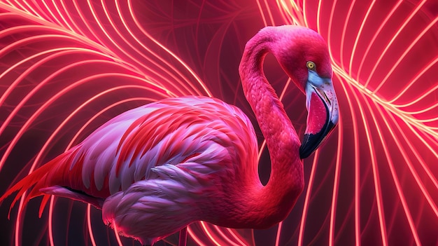 Photo a vibrant pink flamingo against a dynamic red abstract background