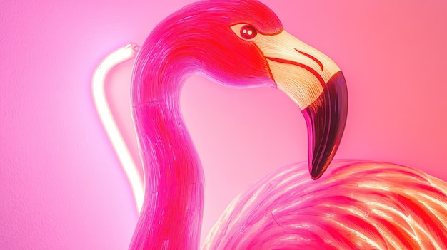 Photo a vibrant pink flamingo neon light against a soft pink background