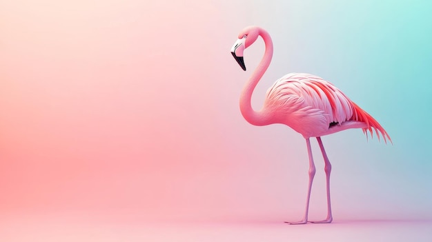 A vibrant pink flamingo stands elegantly on one leg against a soft gradient backdrop of pink an