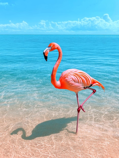 A vibrant pink flamingo stands gracefully on a pristine sandy beach its reflection shimmering