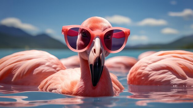 Vibrant pink flamingo with sunglasses in pool epitomising summer vacation vibes tropical relaxation