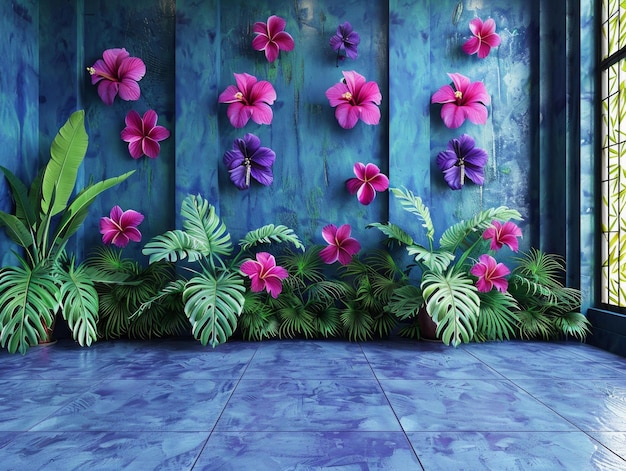 Vibrant Pink Flowers and Green Plants in a Modern Blue Wall Setting